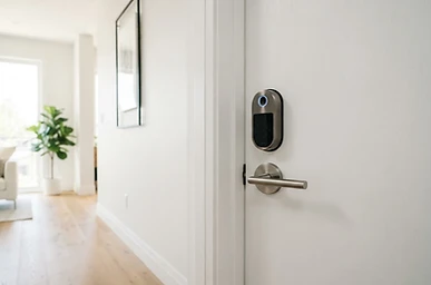 Fechadura digital com biometria instalada em porta branca residencial
