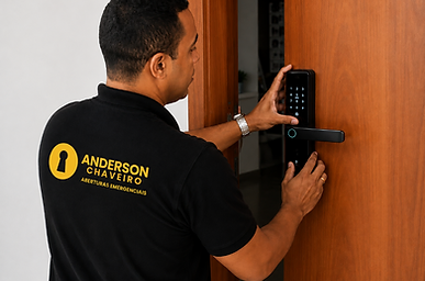 Chaveiro instalando fechadura digital em porta residencial